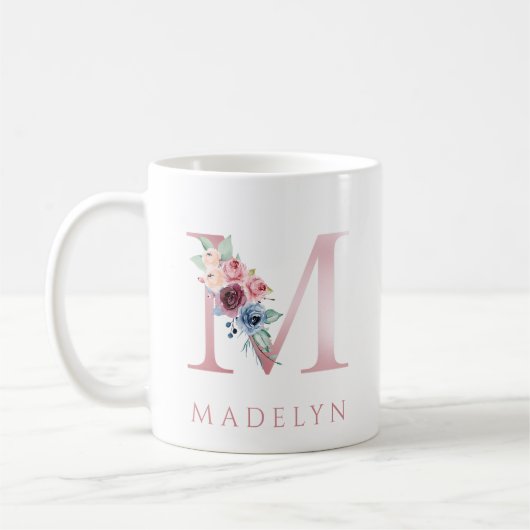Monogram Letter M Floral Waterverf Coffee Mok (Links)