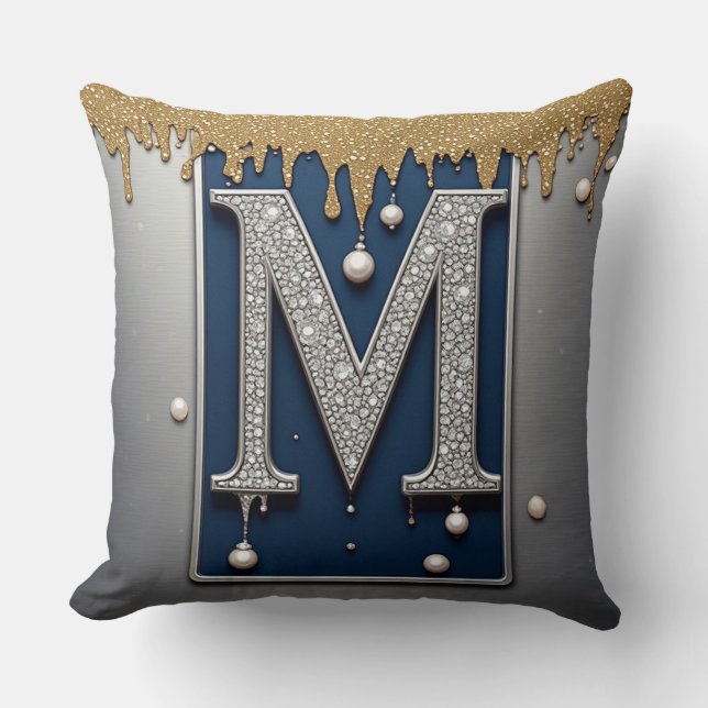 Monogram Letter M Marinegoud Druipende Verf Kussen (Voorkant)