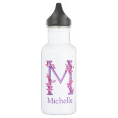 Monogram letter M naam orchidee roze paars Waterfles (Links)
