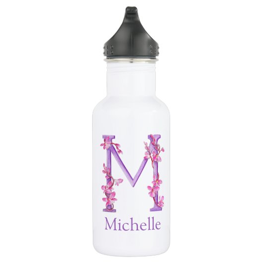 Monogram letter M naam orchidee roze paars Waterfles (Rechts)
