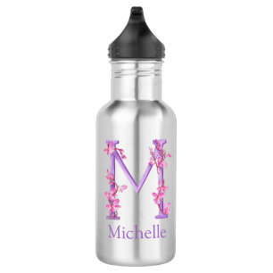 Monogram letter M naam orchidee roze paars Waterfles