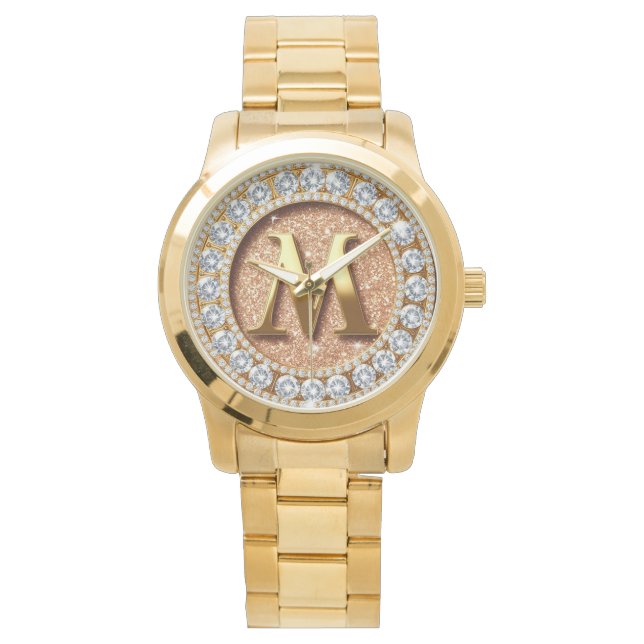 Monogram Letter M op roze gouden glinsterende acht Horloge (Voorkant)