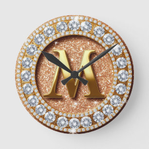 Monogram Letter M op roze gouden glinsterende acht Ronde Klok