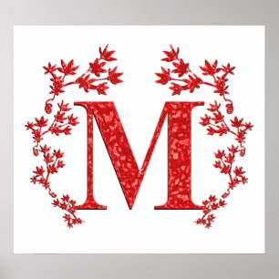 Monogram Letter M Red Leaves Poster