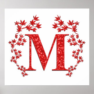 Monogram Letter M Red Leaves Poster