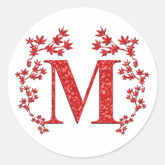 Monogram Letter M Red Leaves Ronde Sticker (Voorkant)