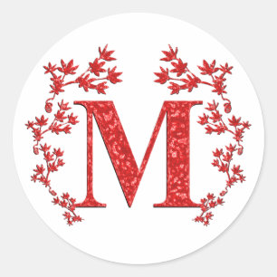 Monogram Letter M Red Leaves Ronde Sticker