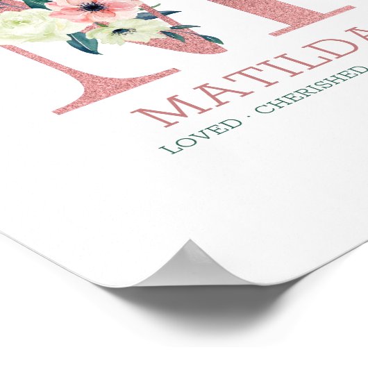 Monogram Letter M Roze Waterverf Floral Neursery Poster (Hoek)