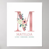 Monogram Letter M Roze Waterverf Floral Neursery Poster (Voorkant)