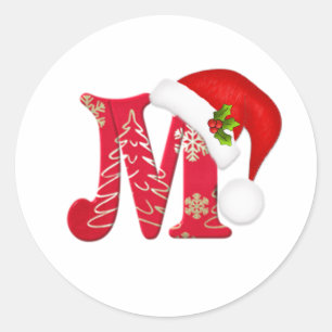 Monogram letter M, Santa hat Kerst sticker