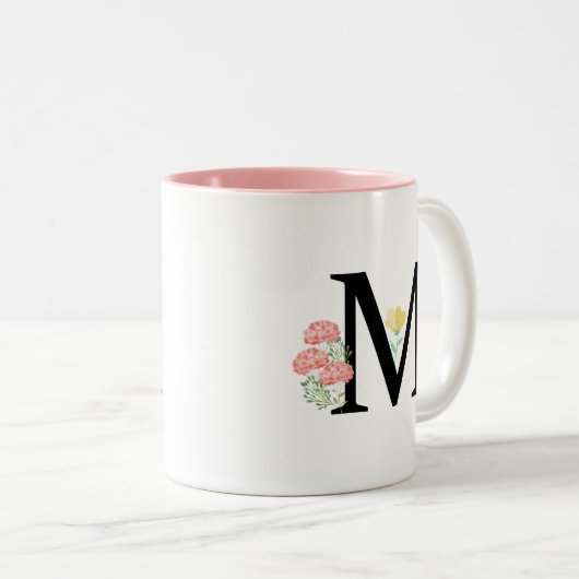 Monogram Letter M Waterverf Rozen Floral Spray Tweekleurige Koffiemok (Voorkant rechts)