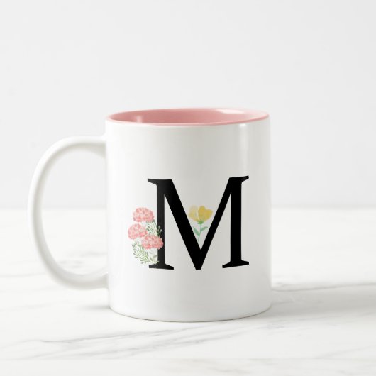 Monogram Letter M Waterverf Rozen Floral Spray Tweekleurige Koffiemok (Links)