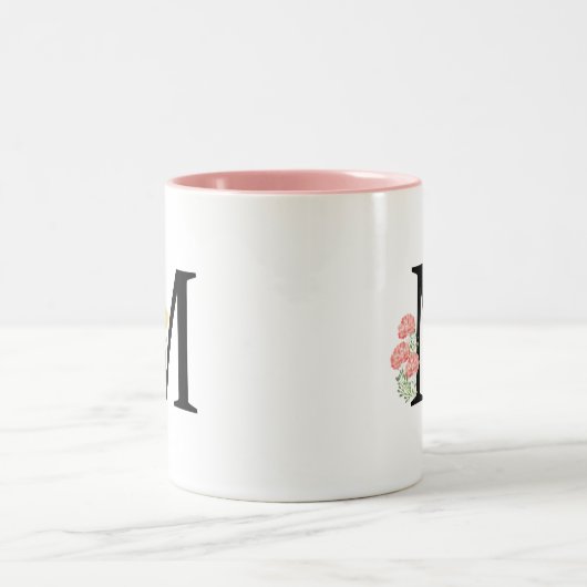 Monogram Letter M Waterverf Rozen Floral Spray Tweekleurige Koffiemok (Center)