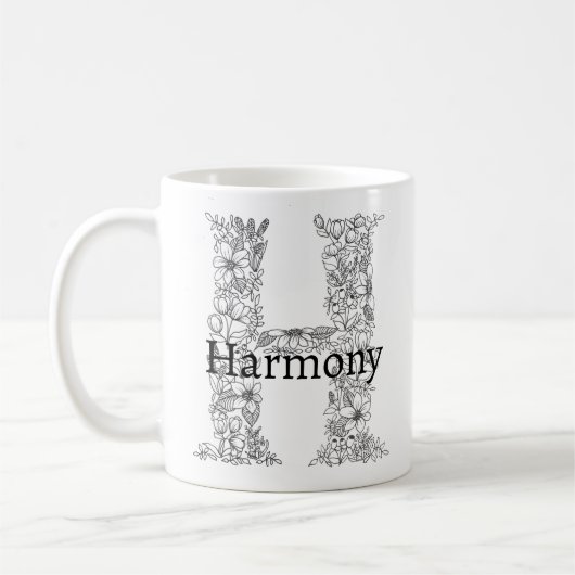 Monogram Letter M Zwart Wit Bloemen Botanisch Koffiemok (Links)