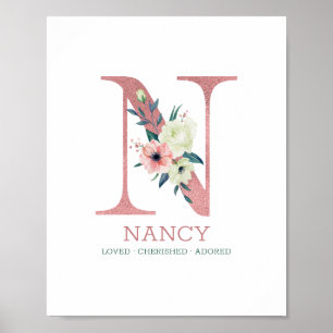 Monogram Letter N Roze Waterverf Floral Nursery Poster