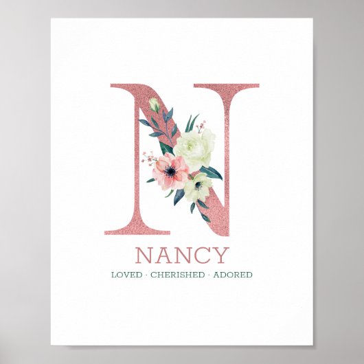 Monogram Letter N Roze Waterverf Floral Nursery Poster (Voorkant)
