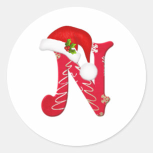 Monogram letter N, Santa hat Kerst sticker