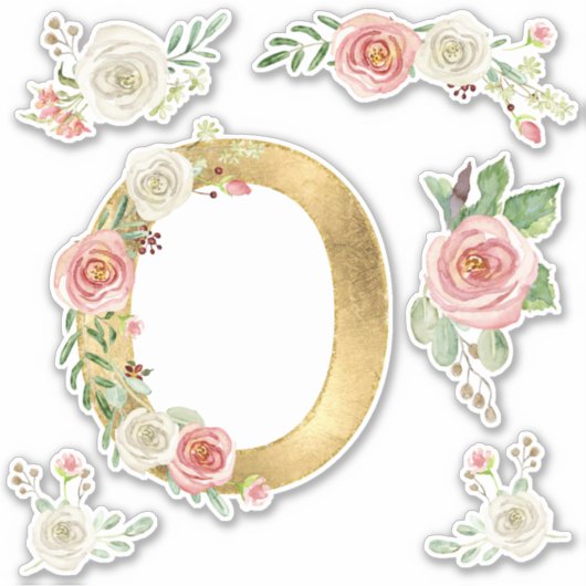 Monogram Letter O Roze Roze Bloemenblad Waterverf Sticker (Voorkant)