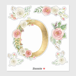 Monogram Letter O Roze Roze Bloemenblad Waterverf Sticker