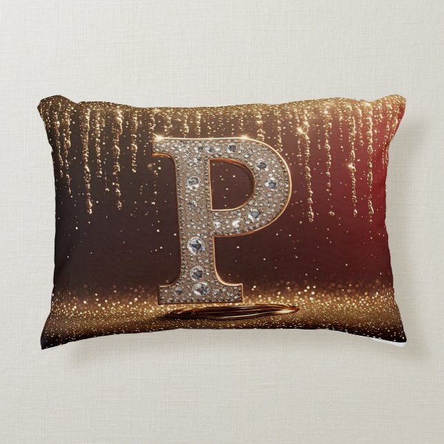 Monogram Letter P Gouden Glitter Initiaal Cadeau Accent Kussen (Voorkant)