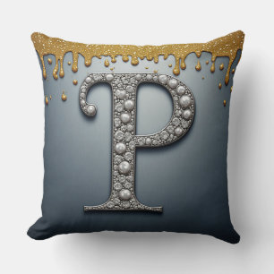 Monogram Letter P Marine Goud Druppelende Verf Kussen
