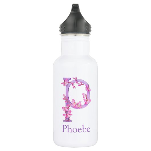 Monogram letter P naam orchidee roze paars Waterfles (Rechts)