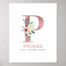Monogram Letter P Roze Waterverf Floral Neursery Poster