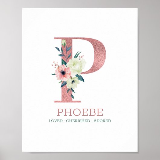 Monogram Letter P Roze Waterverf Floral Neursery Poster (Voorkant)