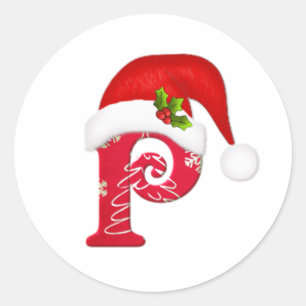 Monogram letter P, Santa hat Kerst sticker