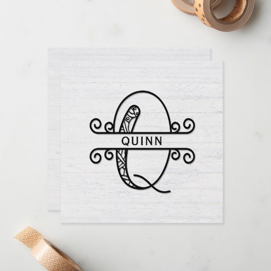 Monogram Letter Q met Kaart familienaam Note Notitiekaartje (Voorkant / Achterkant in situ)