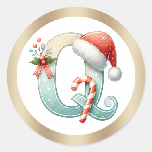 Monogram letter Q, Santa hat Kerst sticker (Voorkant)