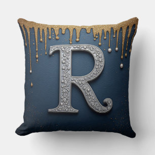 Monogram Letter R Marine Goud Parel Initiaal Desig Kussen