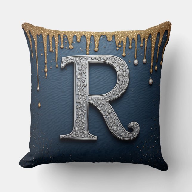 Monogram Letter R Marine Goud Parel Initiaal Desig Kussen (Voorkant)