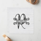 Monogram letter R met familienaam Notitiekaartje (Voorkant / Achterkant in situ)