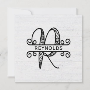Monogram letter R met familienaam Notitiekaartje