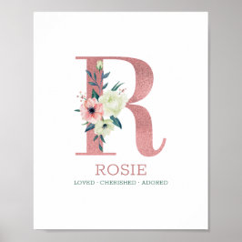 Monogram Letter R Roze Waterverf Floral Neursery Poster