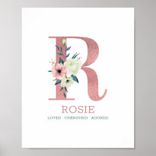 Monogram Letter R Roze Waterverf Floral Neursery Poster