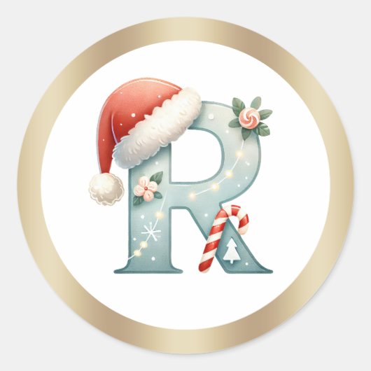 Monogram letter R, Santa hat Kerst sticker (Voorkant)