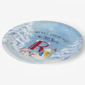 Monogram Letter R Vrolijk Kerstmis Engel Sneeuwman Papieren Bordje (Gekanteld)