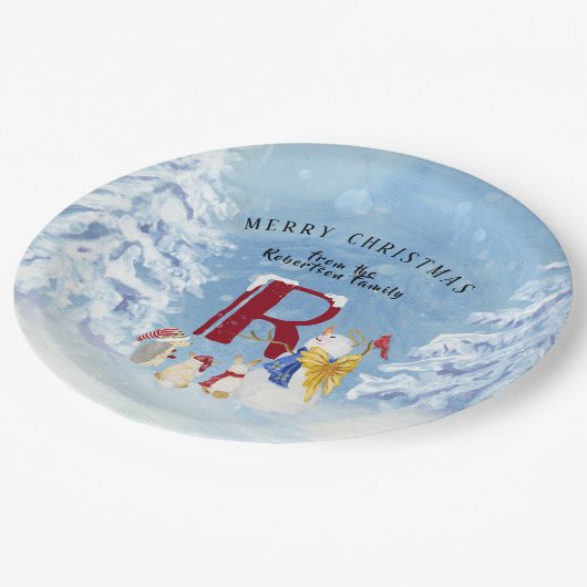 Monogram Letter R Vrolijk Kerstmis Engel Sneeuwman Papieren Bordje (Gekanteld)
