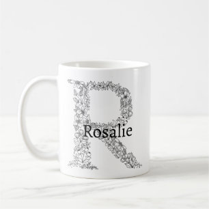 Monogram Letter R Zwart Wit Botanische Bloemen Koffiemok