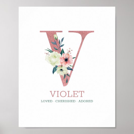 Monogram Letter/Roze Waterverf Floral Nursery Poster (Voorkant)