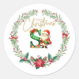Monogram letter S, Kerstkrans w / Santa Clue Ronde Sticker
