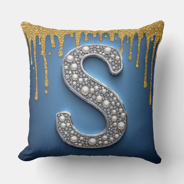 Monogram Letter S Marinegoud Druppelende Verf Kussen (Voorkant)