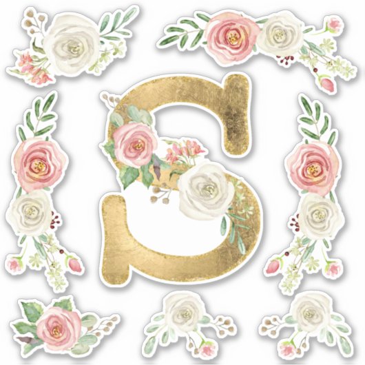 Monogram Letter S Roze Roos Bloemblad Waterverf Sticker (Voorkant)
