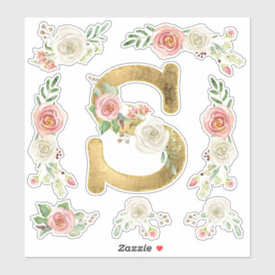 Monogram Letter S Roze Roos Bloemblad Waterverf Sticker