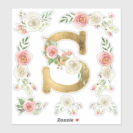 Monogram Letter S Roze Roos Bloemblad Waterverf Sticker (Vel)