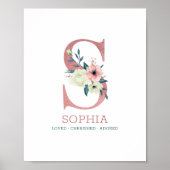Monogram Letter S Roze Waterverf Floral Neursery Poster (Voorkant)