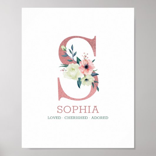 Monogram Letter S Roze Waterverf Floral Neursery Poster (Voorkant)