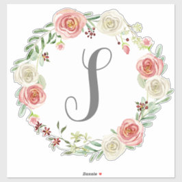 Monogram Letter S Waterverf Roos Bloemkrans Sticker